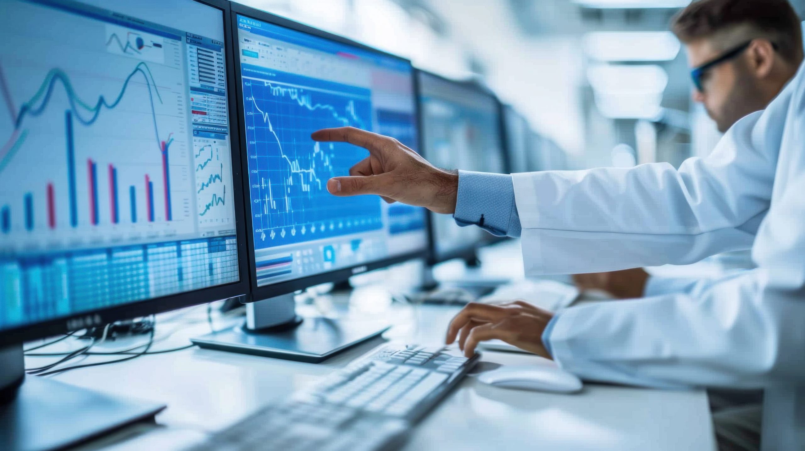 Clinical researcher analyzing statistical data on multiple screens, highlighting graphs and metrics.